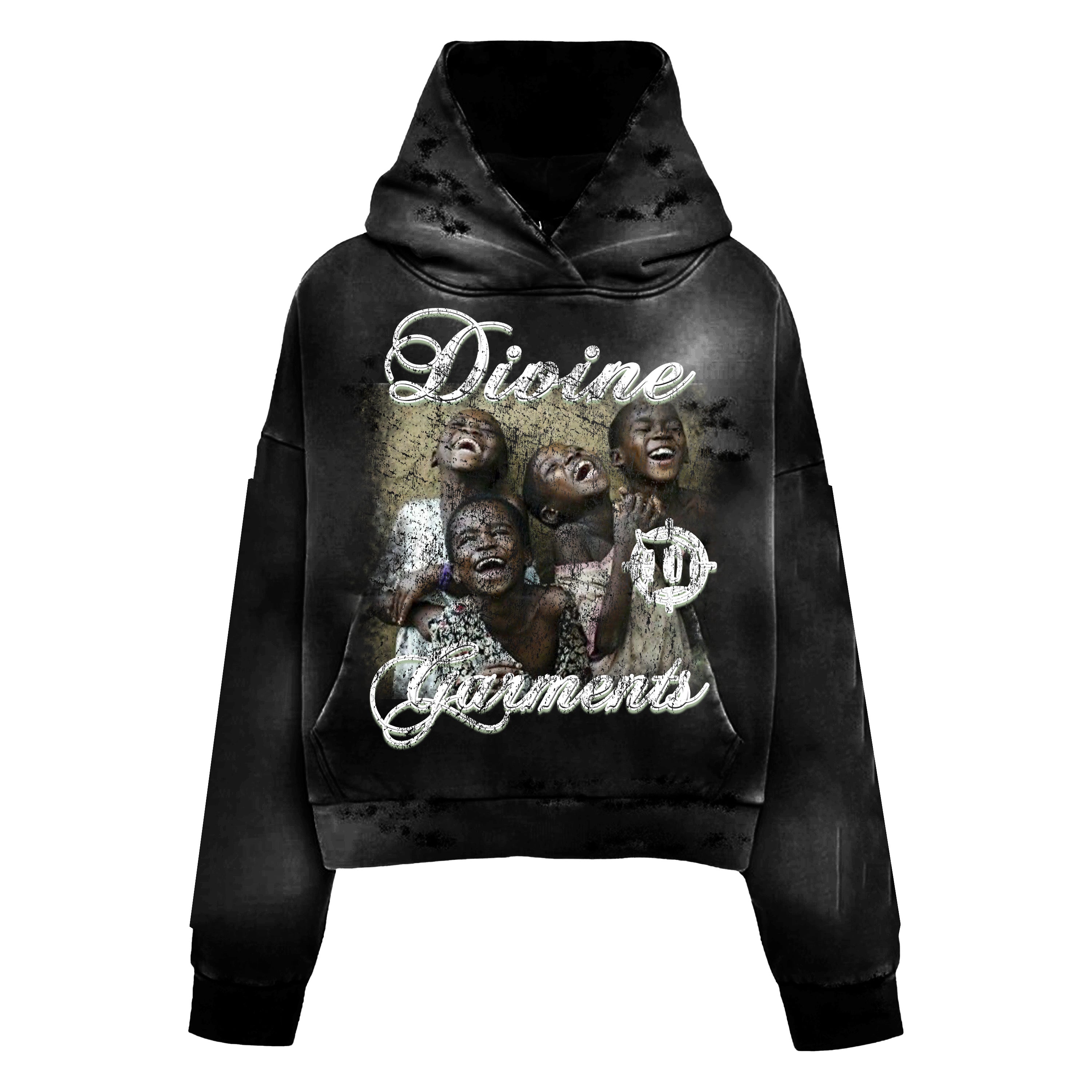 BLACK WASH DISTRESSED HOODIE