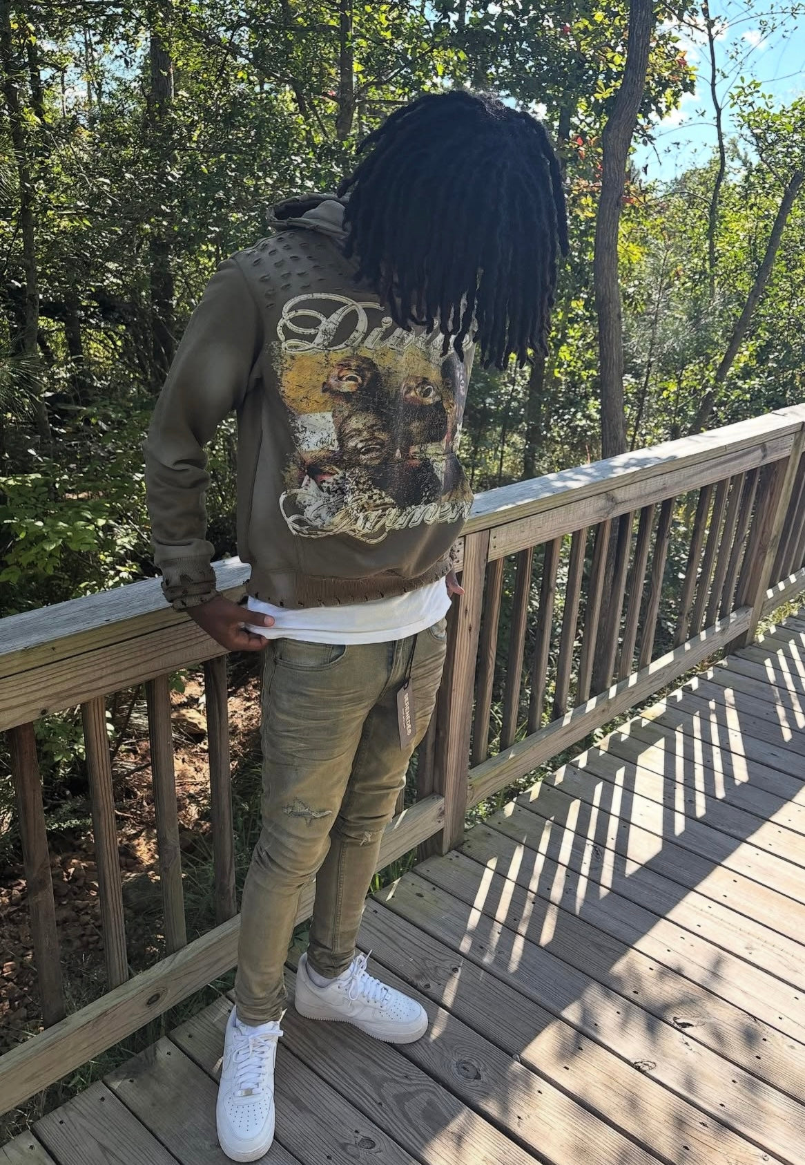 GREEN WASH DISTRESSED HOODIE